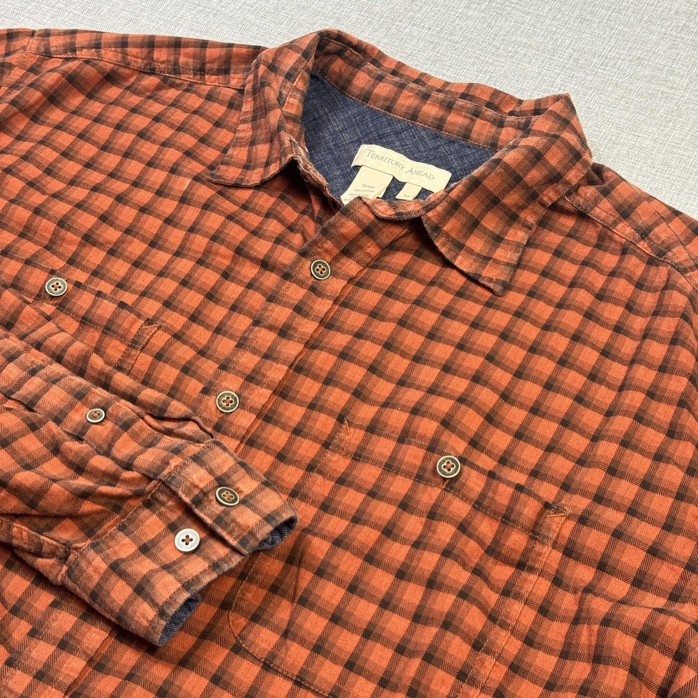 Territory Ahead Flannel Shirt Mens M Orange Plaid Long Sleeve Button-Up Cotton